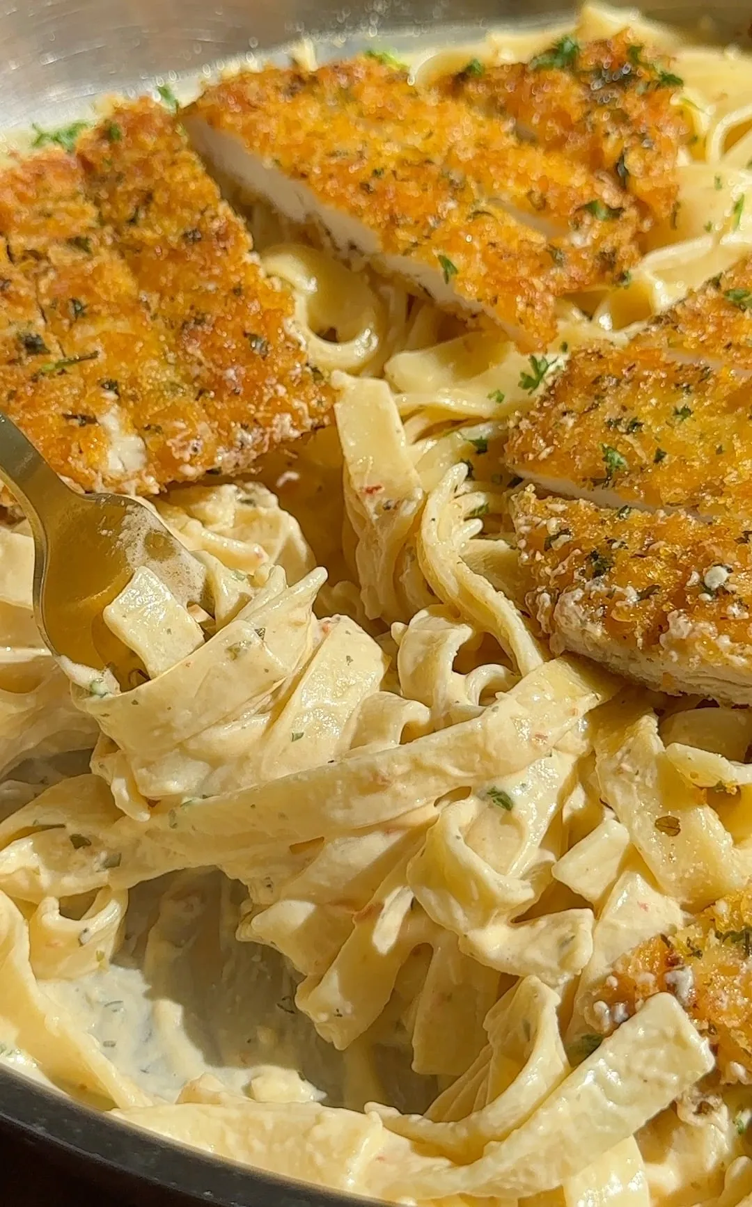 Chicken Alfredo Pasta with Parmesan-Crusted Chicken and Mascarpone Sauce
