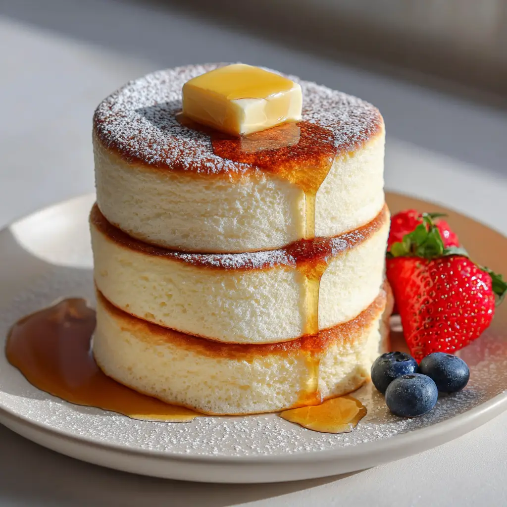 Japanese Soufflé Pancakes with Maple Syrup and Fresh Berries