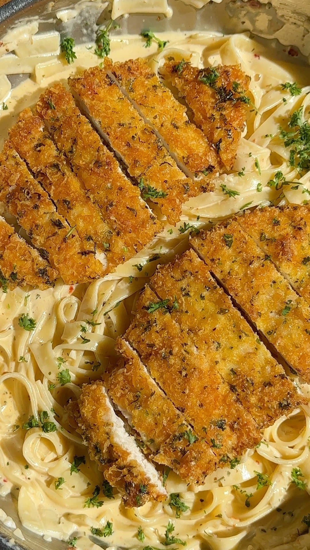 Chicken Alfredo Pasta with Parmesan-Crusted Chicken and Mascarpone Sauce