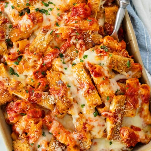 Chicken Parmesan Casserole with Crispy Chicken, Rigatoni, and Melted Cheese