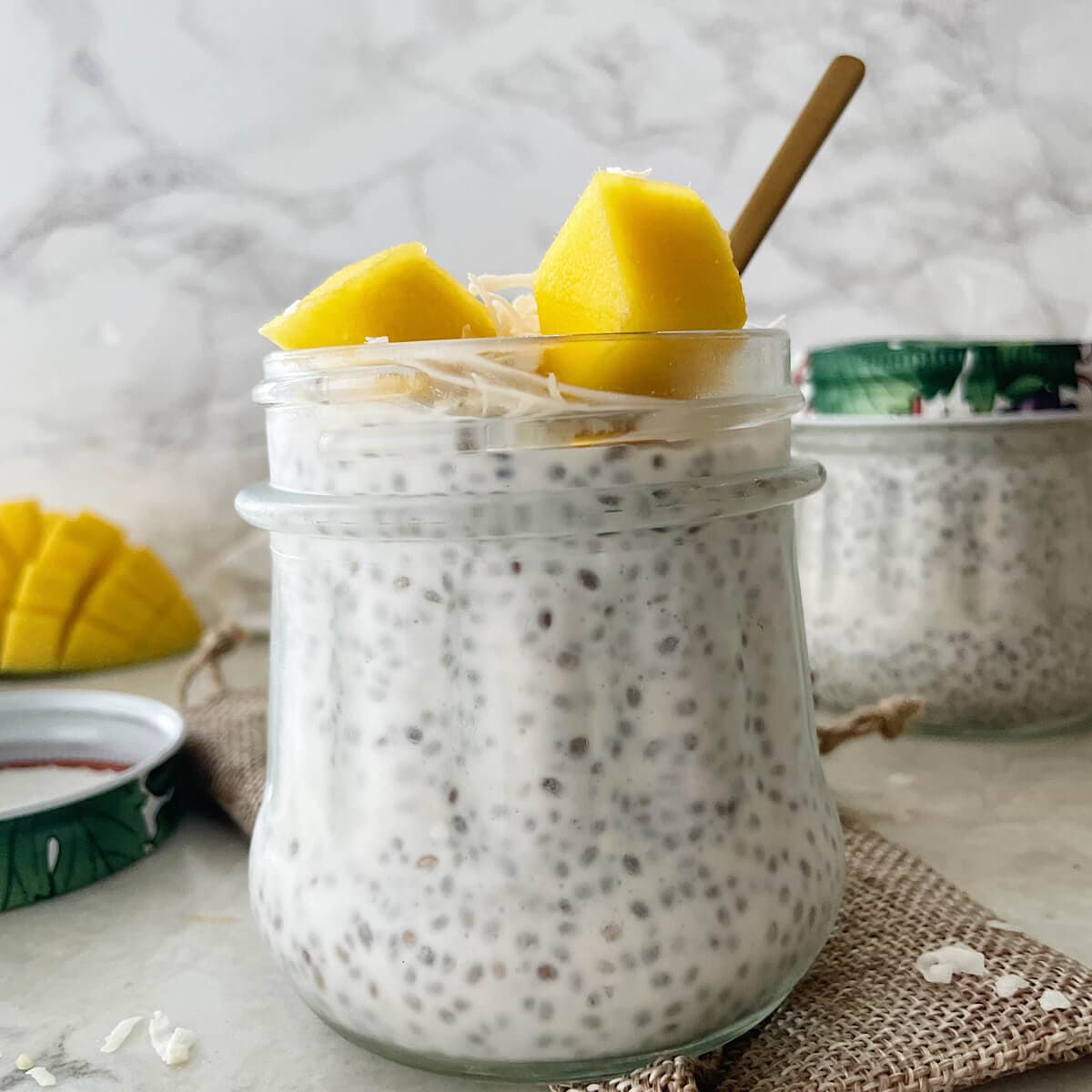 Coconut Chia Seed Pudding with Creamy Coconut Milk and Coconut Flakes