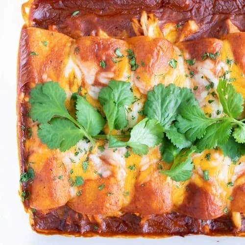 Rotisserie Chicken Enchiladas with Corn Tortillas and Homemade Red Sauce