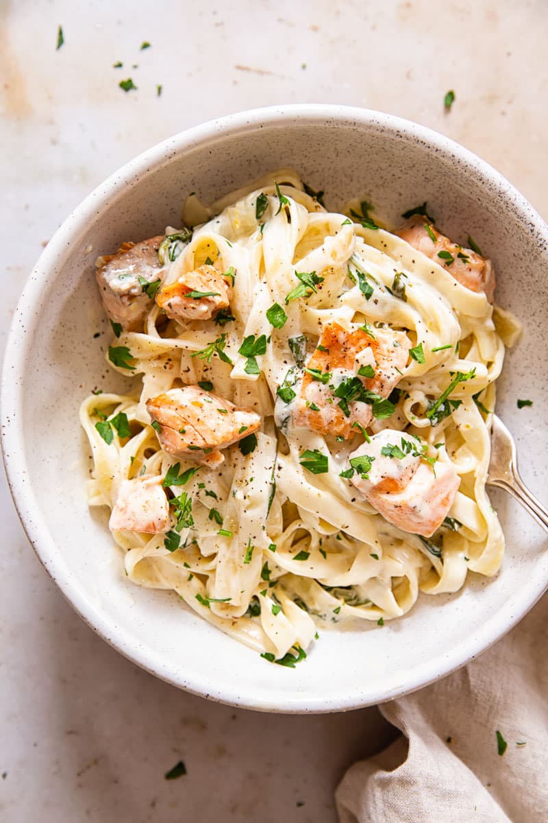 Creamy Salmon Pasta with White Wine Sauce and Mixed Greens