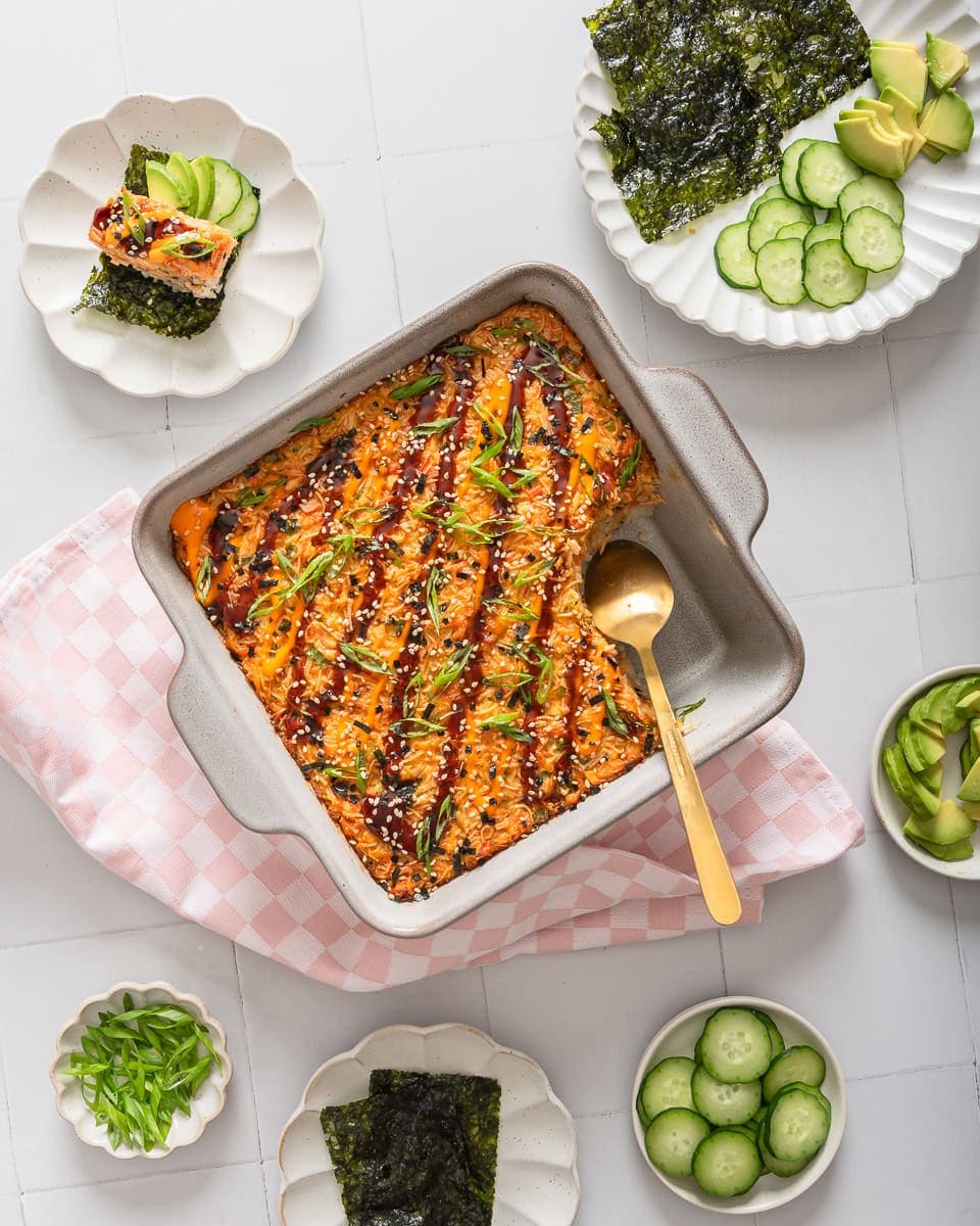 Salmon Sushi Bake with Creamy Sriracha Crab and Furikake Rice