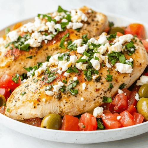 Mediterranean Chicken with Lemony Tomato, Olive, and Feta Skillet Sauce