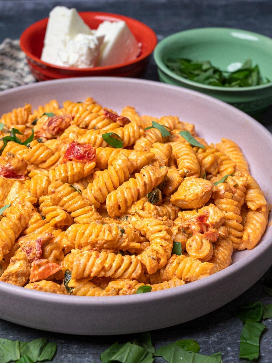 Creamy Chicken Feta Pasta with Tomato Cream Cheese Sauce