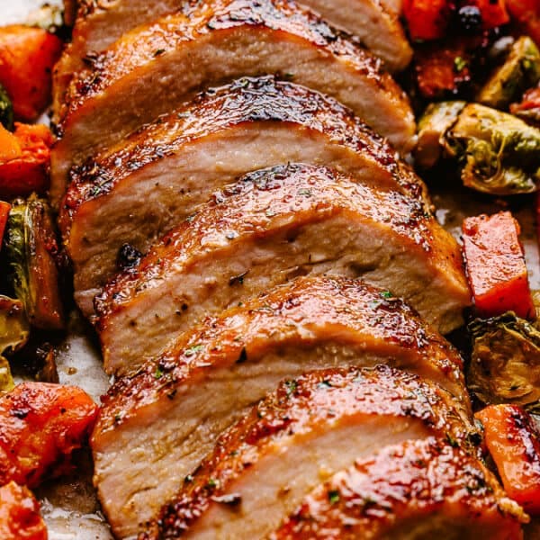 Honey Garlic Pork Loin Roast with Roasted Brussels Sprouts