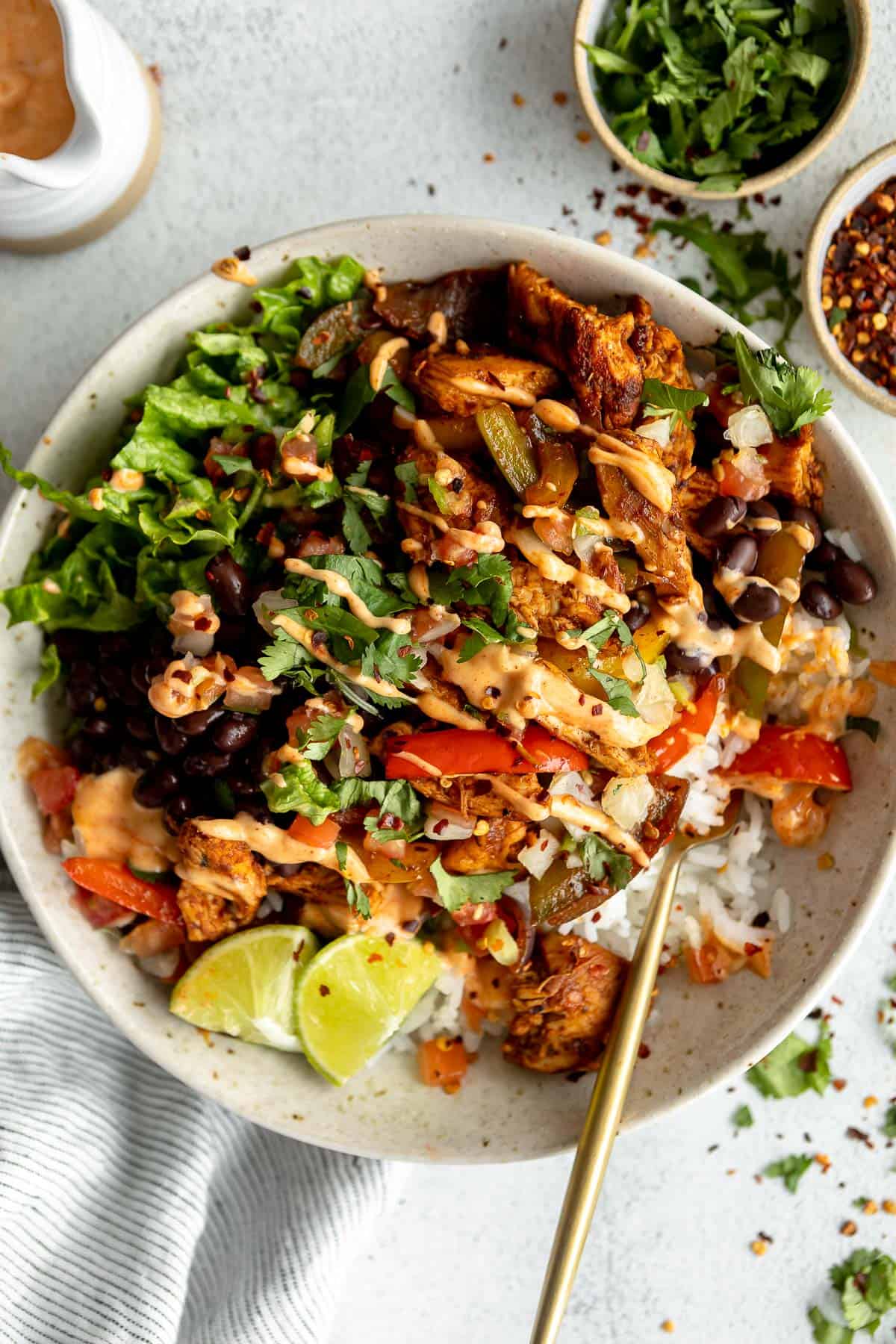 Chicken Fajita Bowls with Chipotle Aioli and Golden Peppers
