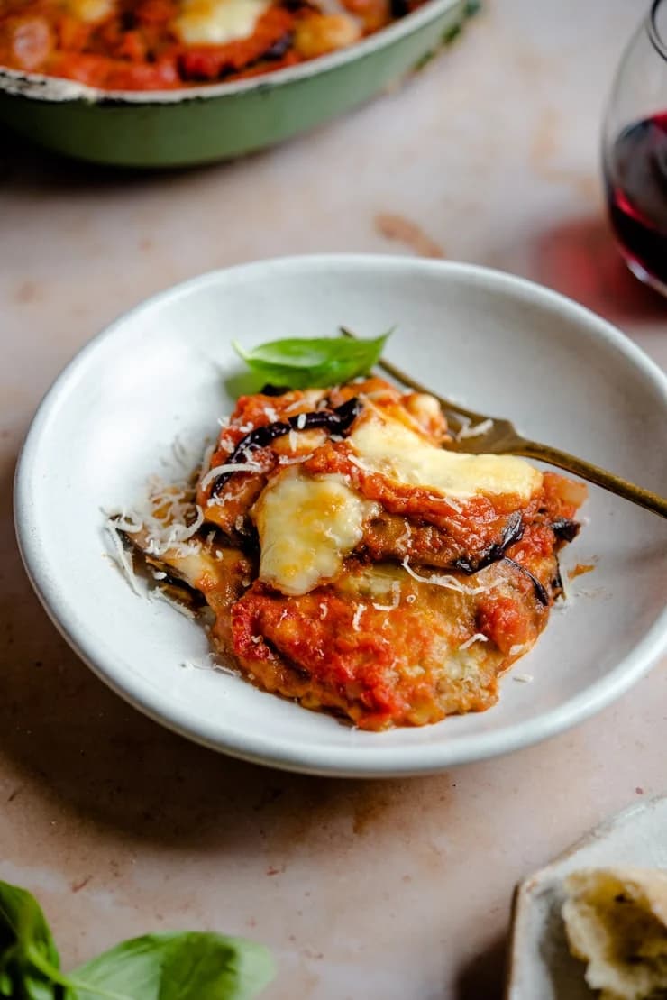 Eggplant Parmigiana with Golden Mozzarella and Tomato Basil Sauce