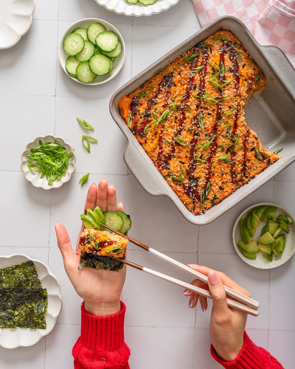 Salmon Sushi Bake with Creamy Sriracha Crab and Furikake Rice