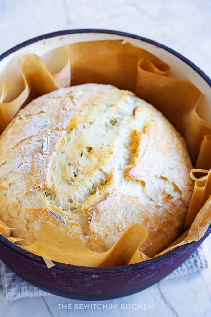 Dutch Oven Garlic Rosemary Bread with a Crusty Golden Crust
