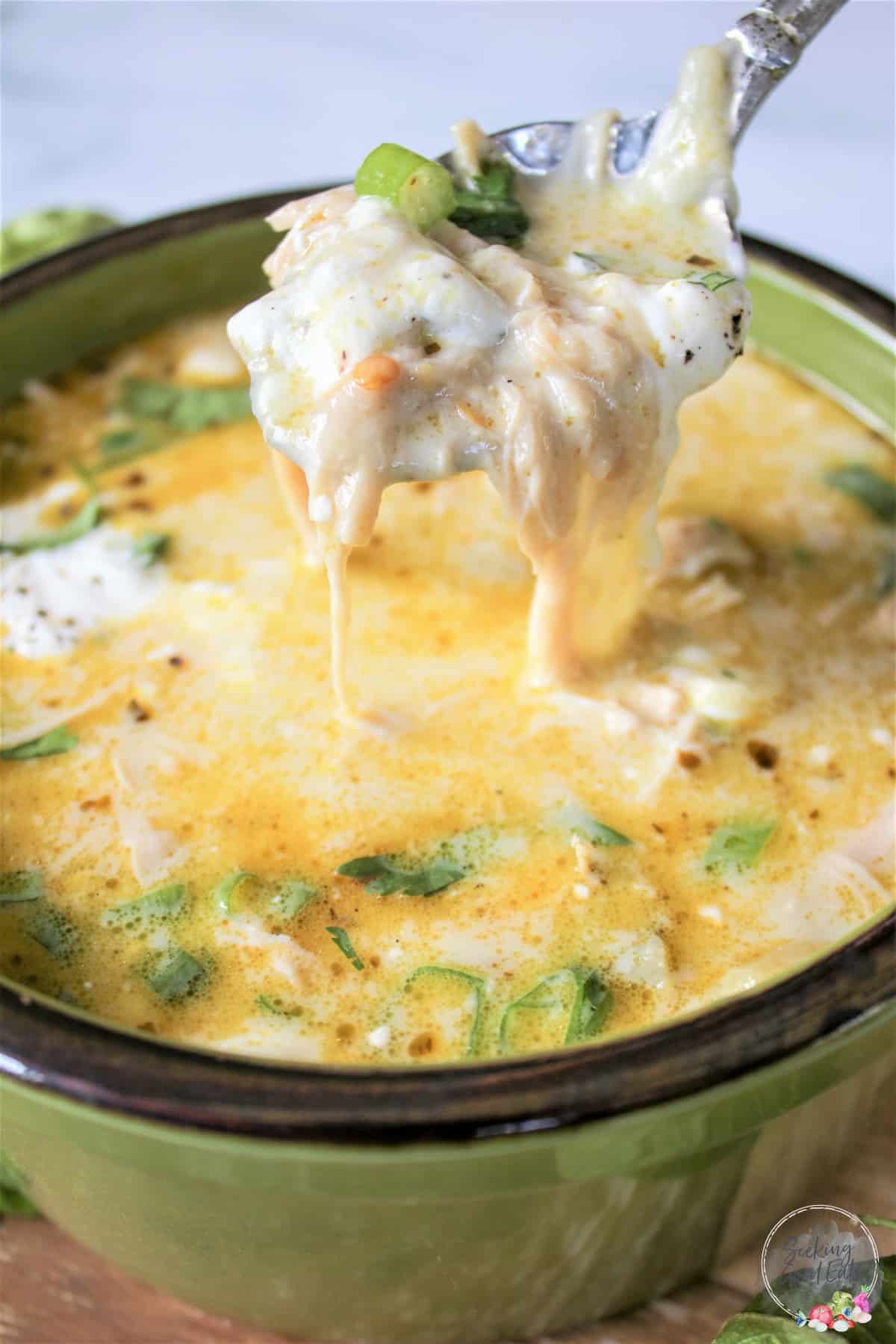 Creamy Green Enchilada Chicken Soup with Salsa Verde and Monterey Jack