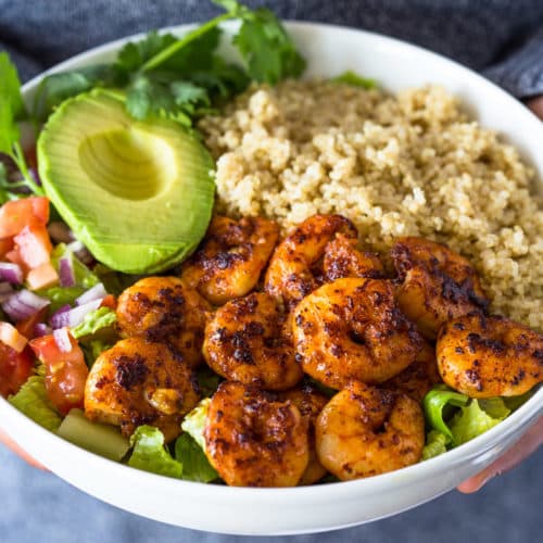 Blackened Cajun Shrimp Avocado Quinoa Bowls with Crisp Romaine