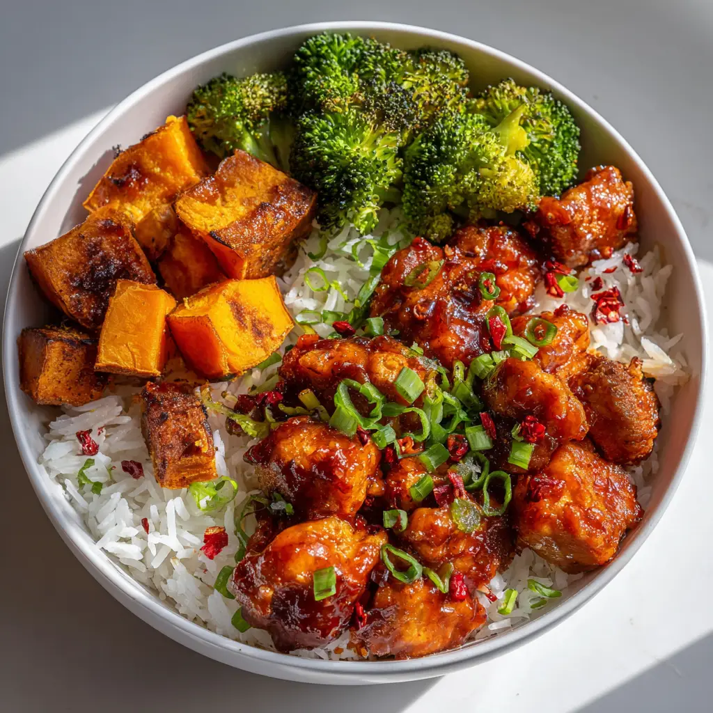 Hot Honey Chicken Bowls with Sweet Potatoes and Broccoli