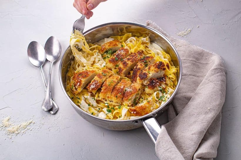 Crispy Chicken and Tagliatelle Alfredo with Parmesan Cream Sauce