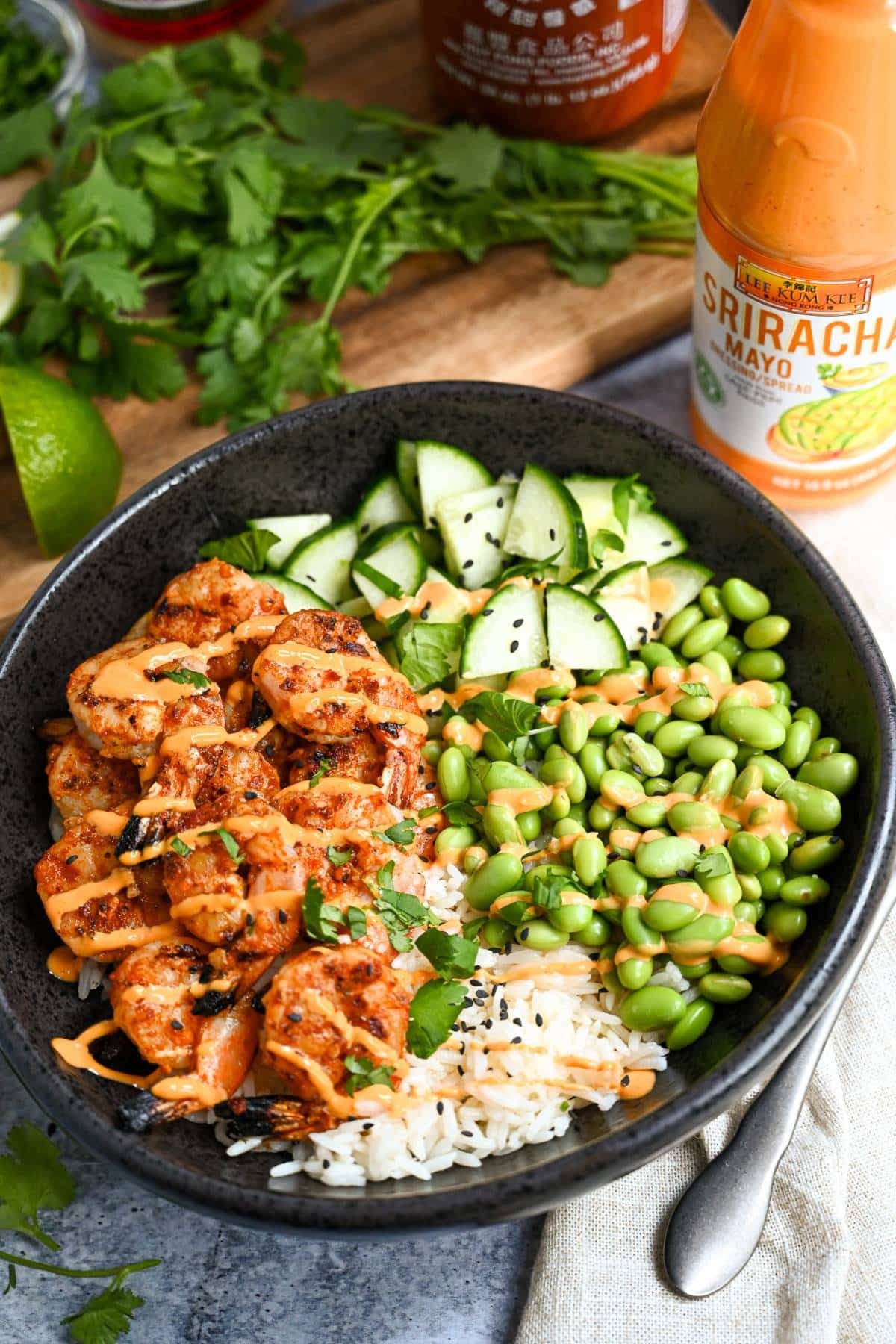 Sriracha Shrimp and Rice Bowl with Grilled Shrimp and Spicy Mayo