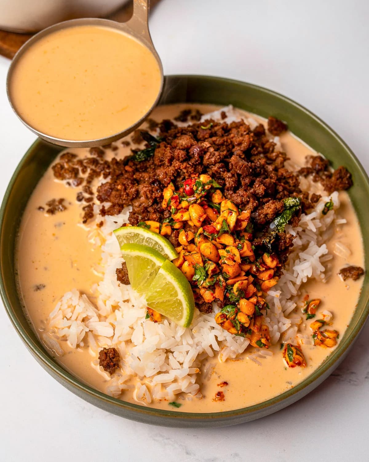 Thai Peanut Brothy Rice Bowls with Coconut Curry Broth