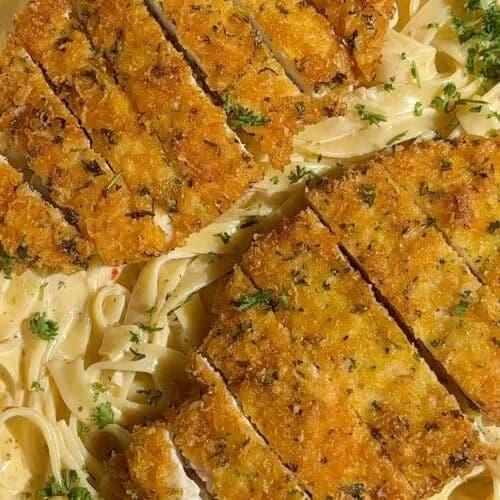 Chicken Alfredo Pasta with Parmesan-Crusted Chicken and Mascarpone Sauce