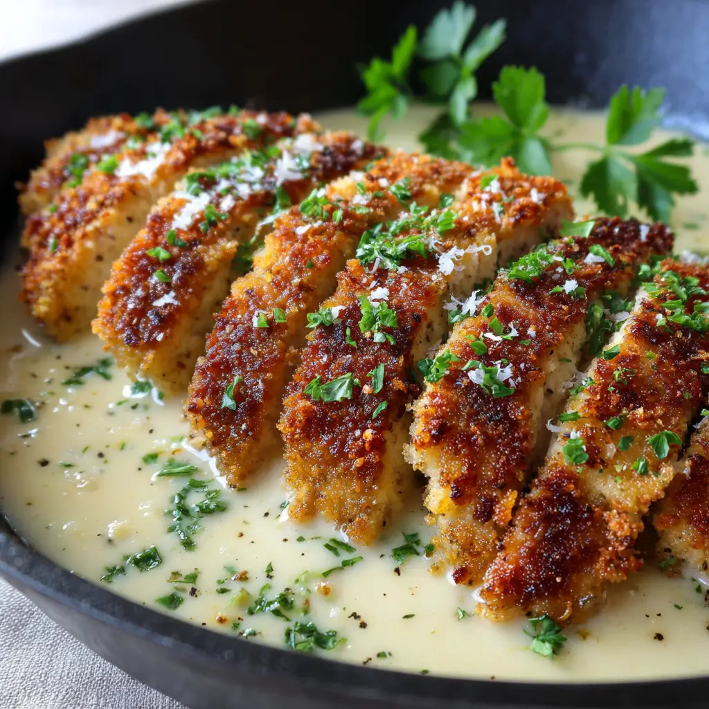 Parmesan Crusted Chicken with Garlic Cream Sauce