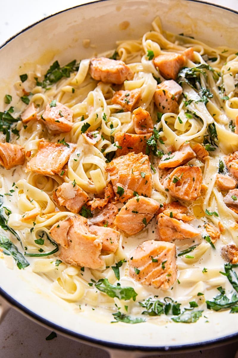 Creamy Salmon Pasta with White Wine Sauce and Mixed Greens