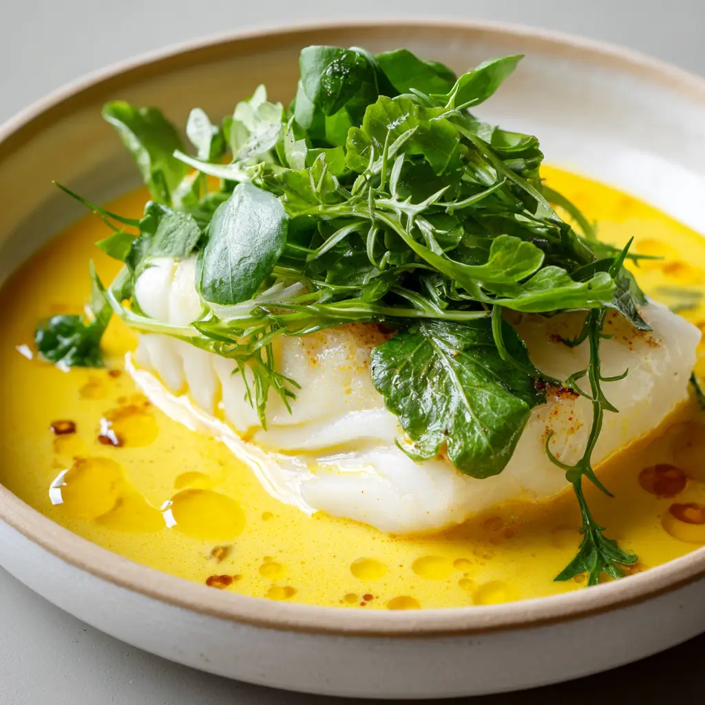 Yellow Curry Poached Cod with Watercress and Chili Oil