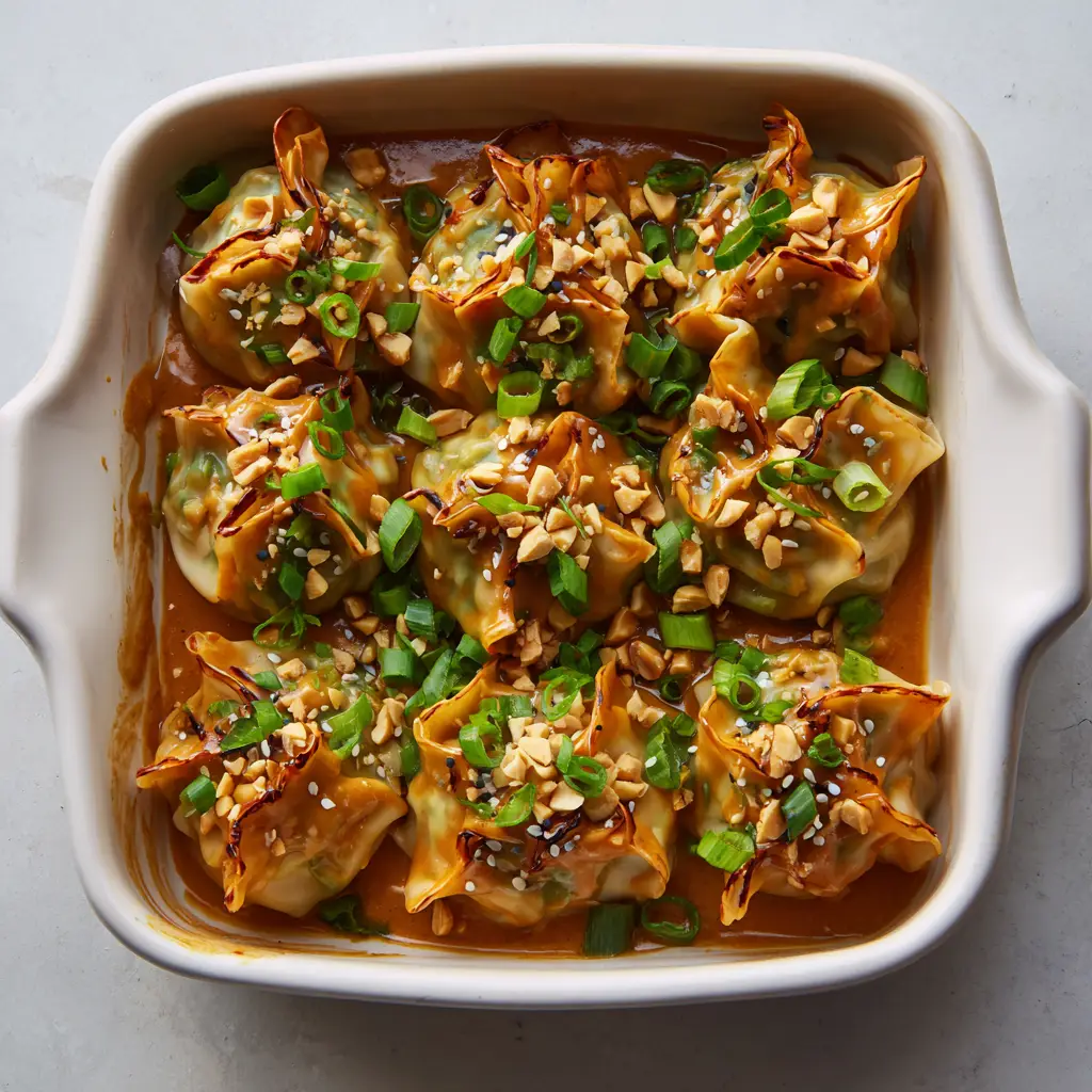 Crispy Oven-Baked Dumplings with Peanut Sauce