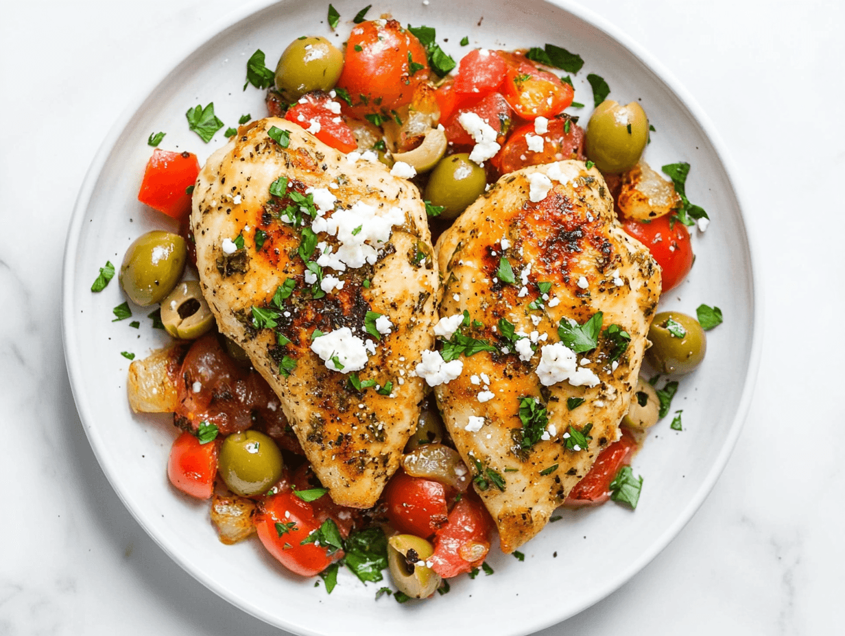 Mediterranean Chicken with Lemony Tomato, Olive, and Feta Skillet Sauce