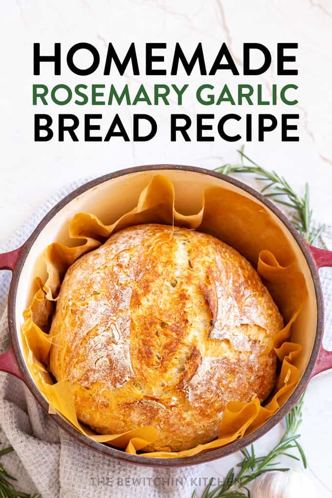 Dutch Oven Garlic Rosemary Bread with a Crusty Golden Crust