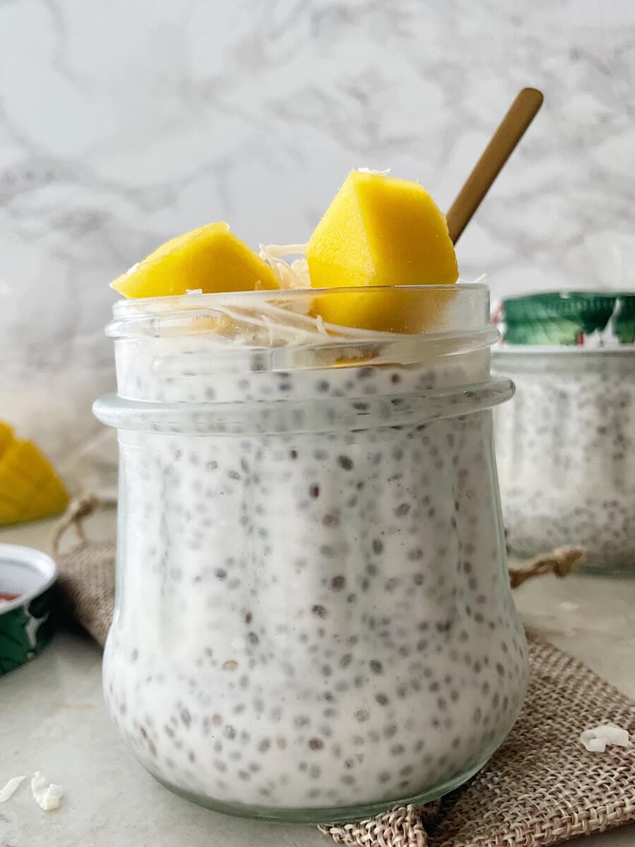 Coconut Chia Seed Pudding with Creamy Coconut Milk and Coconut Flakes