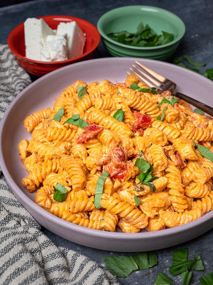 Creamy Chicken Feta Pasta with Tomato Cream Cheese Sauce