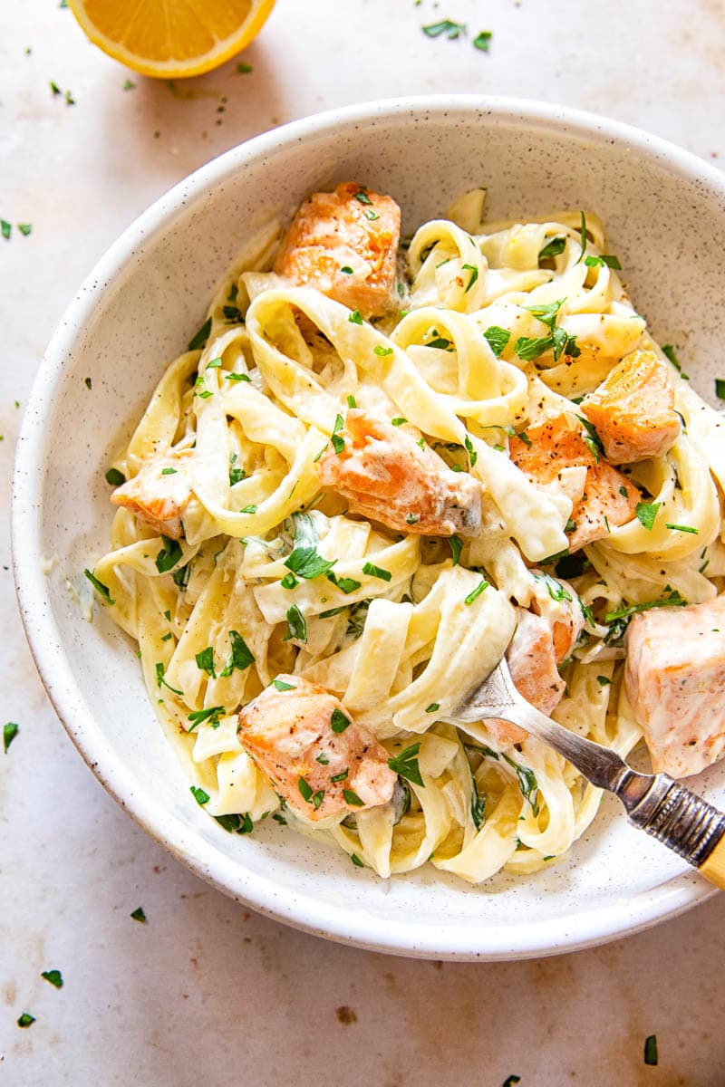 Creamy Salmon Pasta with White Wine Sauce and Mixed Greens