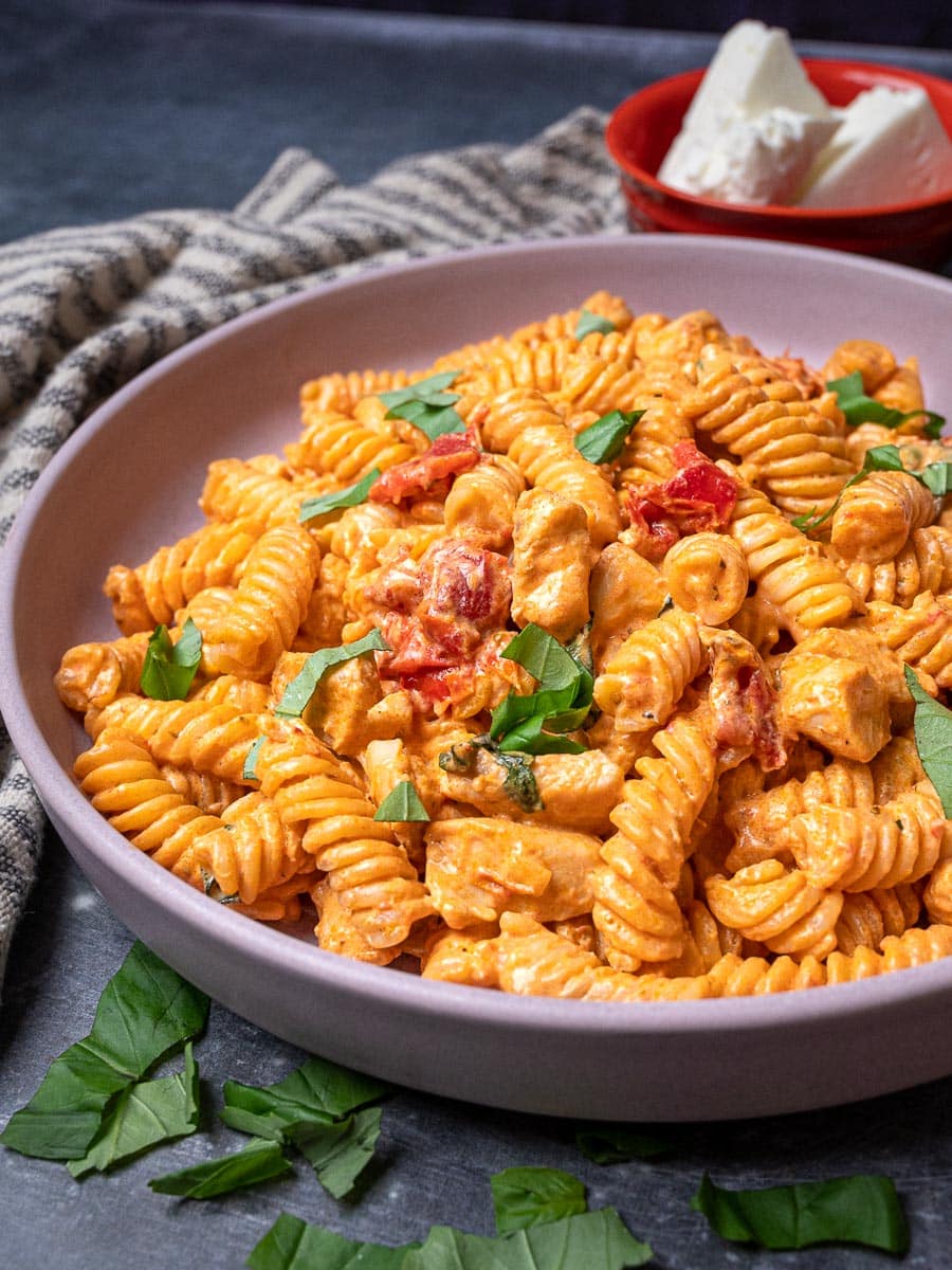 Creamy Chicken Feta Pasta with Tomato Cream Cheese Sauce