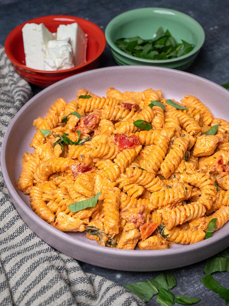 Creamy Chicken Feta Pasta with Tomato Cream Cheese Sauce
