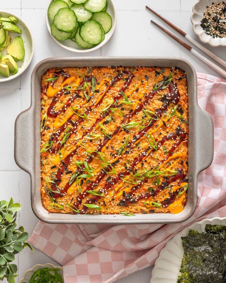 Salmon Sushi Bake with Creamy Sriracha Crab and Furikake Rice