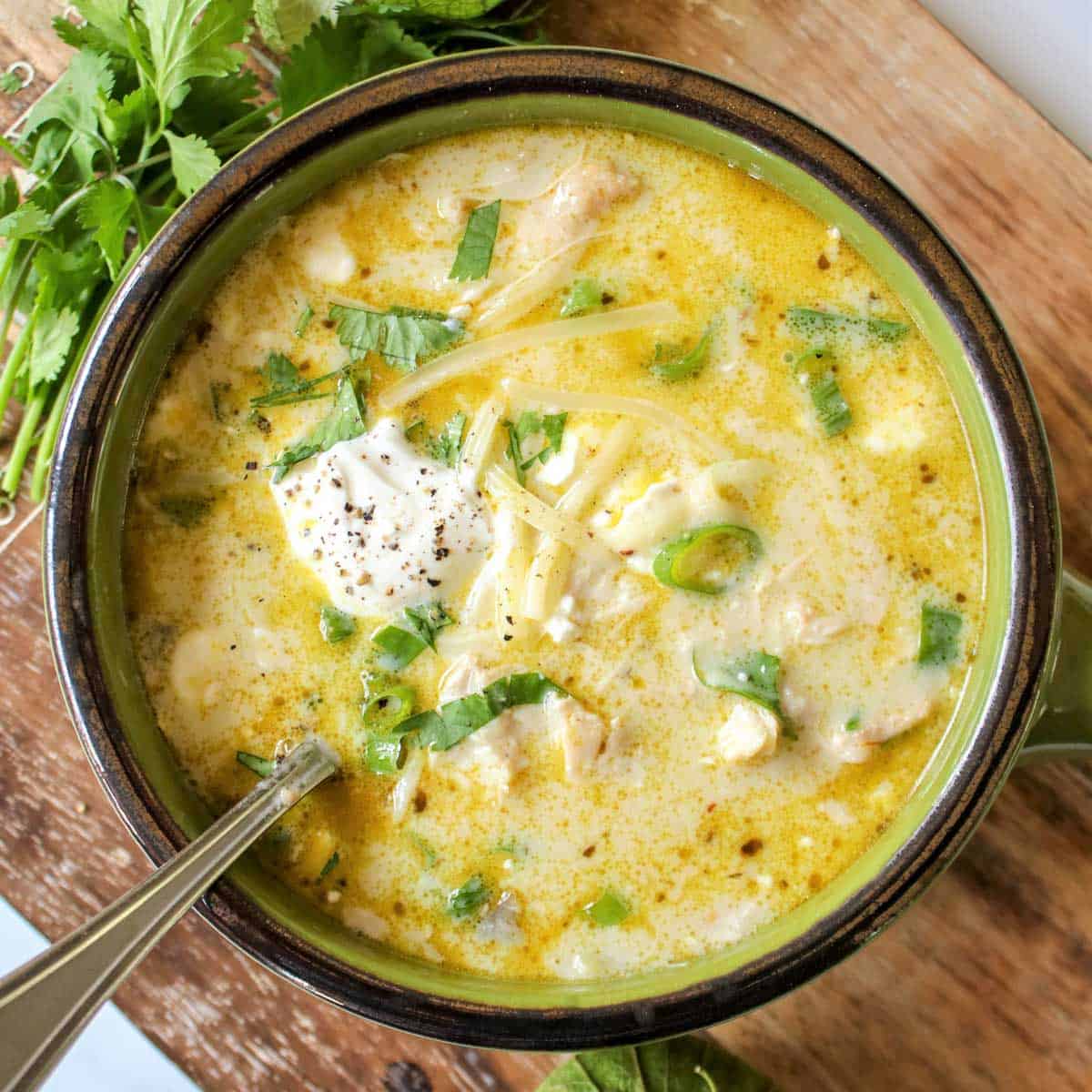 Creamy Green Enchilada Chicken Soup with Salsa Verde and Monterey Jack