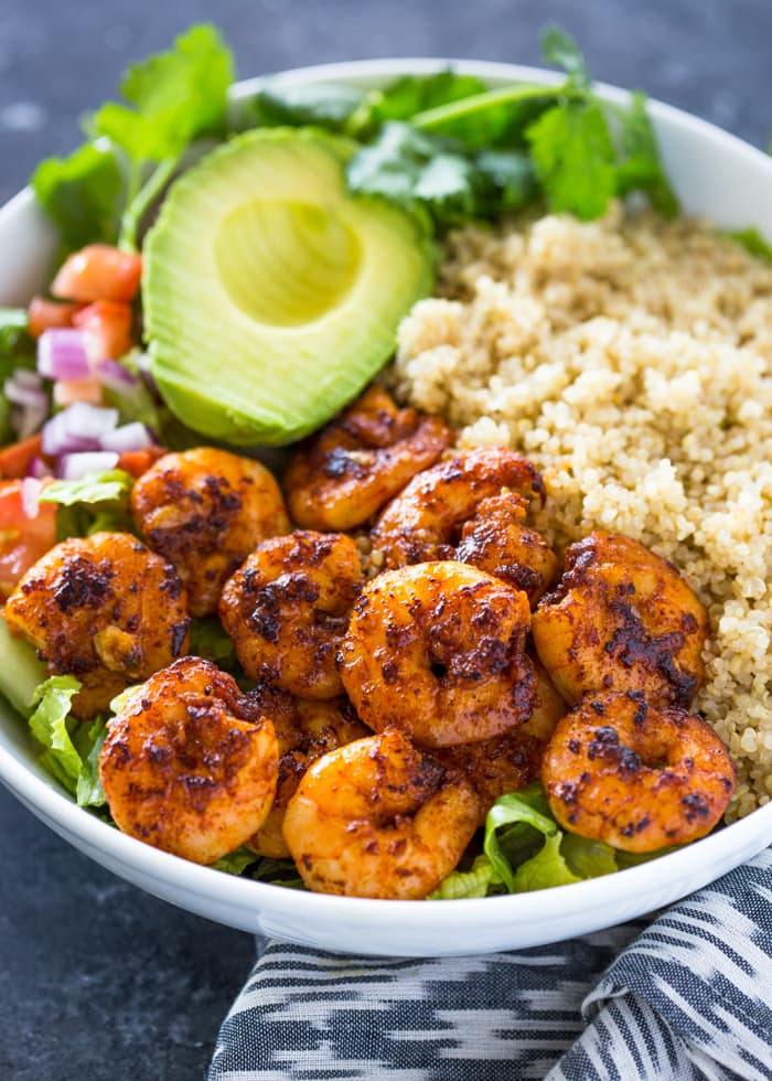 Blackened Cajun Shrimp Avocado Quinoa Bowls with Crisp Romaine