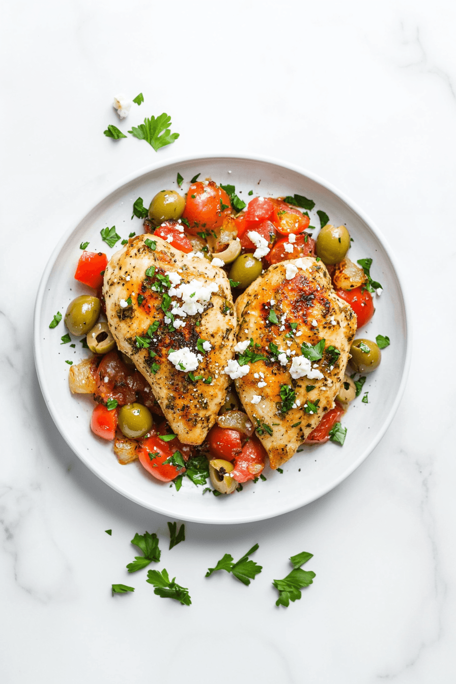 Mediterranean Chicken with Lemony Tomato, Olive, and Feta Skillet Sauce