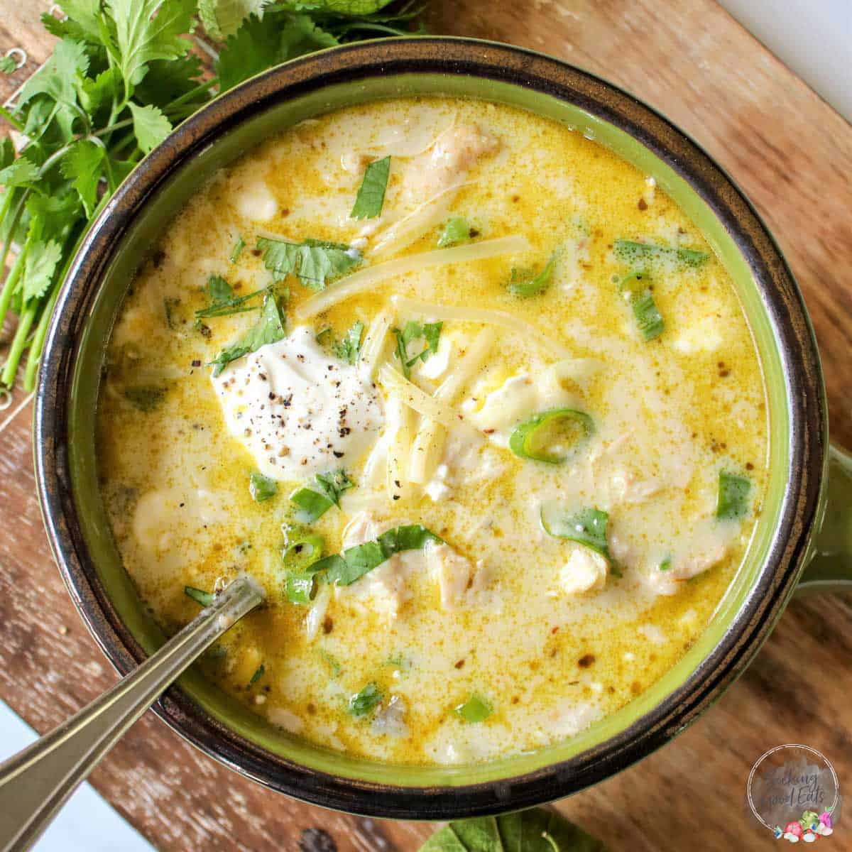 Creamy Green Enchilada Chicken Soup with Salsa Verde and Monterey Jack