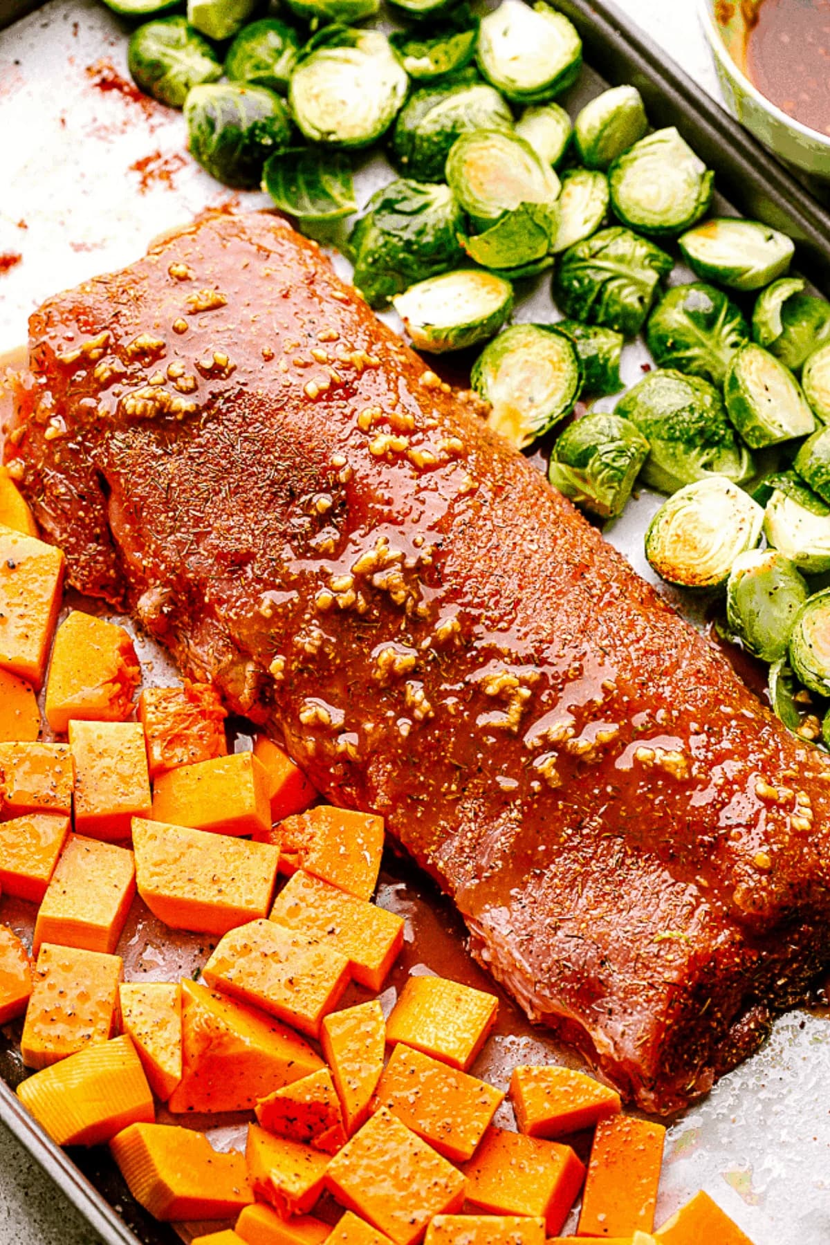 Honey Garlic Pork Loin Roast with Roasted Brussels Sprouts