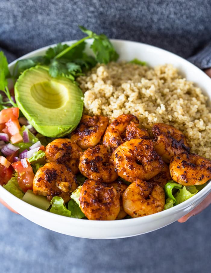 Blackened Cajun Shrimp Avocado Quinoa Bowls with Crisp Romaine