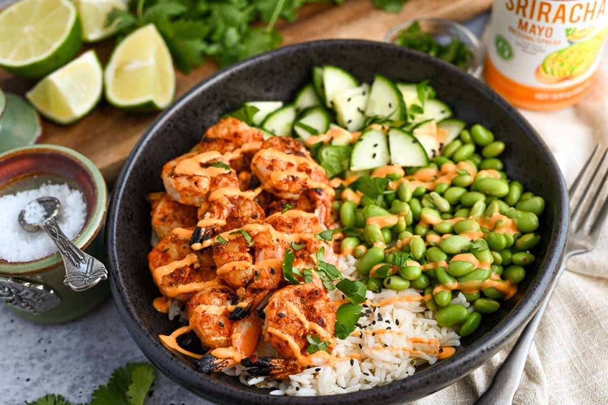 Sriracha Shrimp and Rice Bowl with Grilled Shrimp and Spicy Mayo